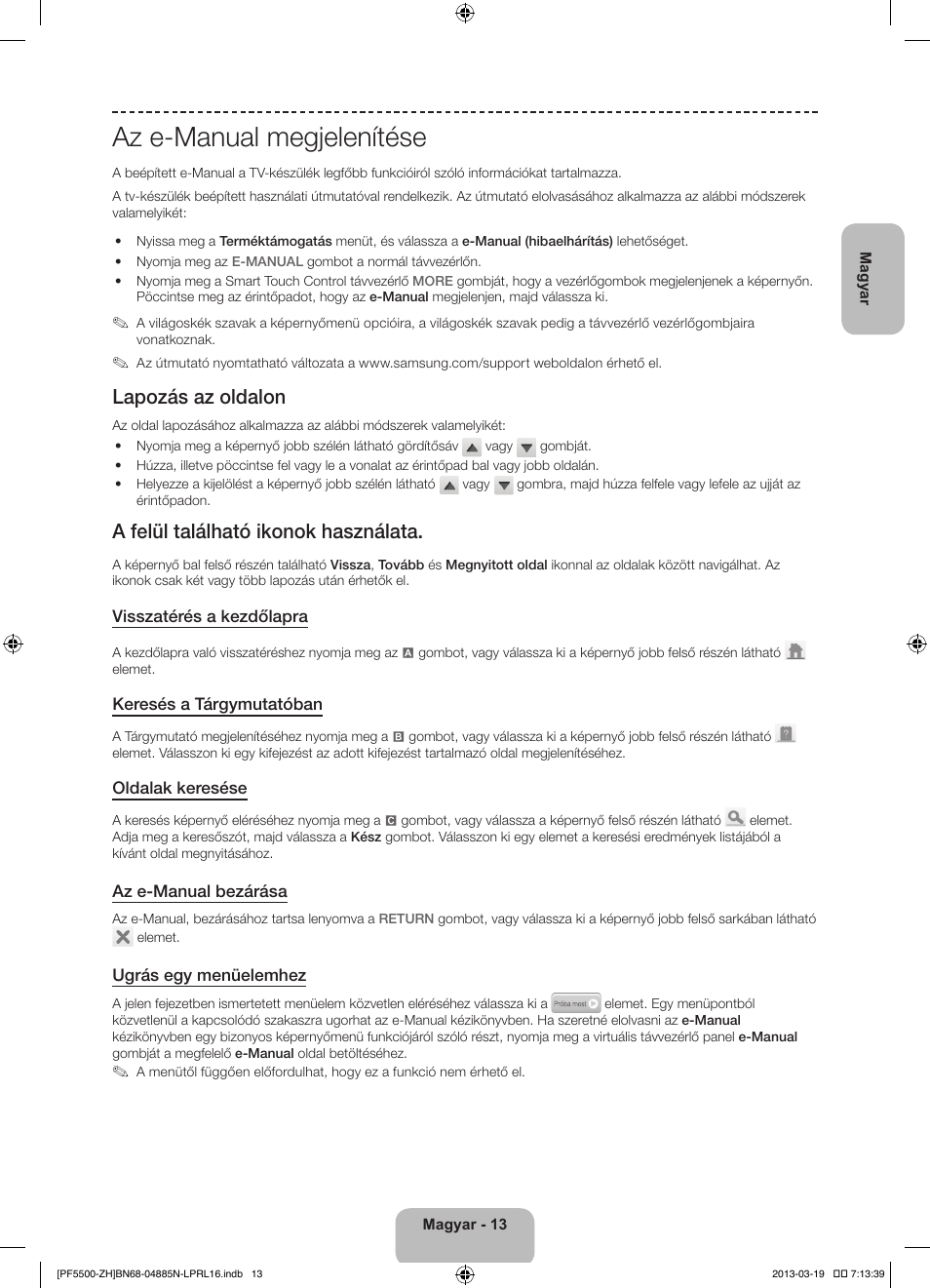 Az e-manual megjelenítése, Lapozás az oldalon, A felül található ikonok használata | Samsung PS60F5500AW User Manual | Page 37 / 385