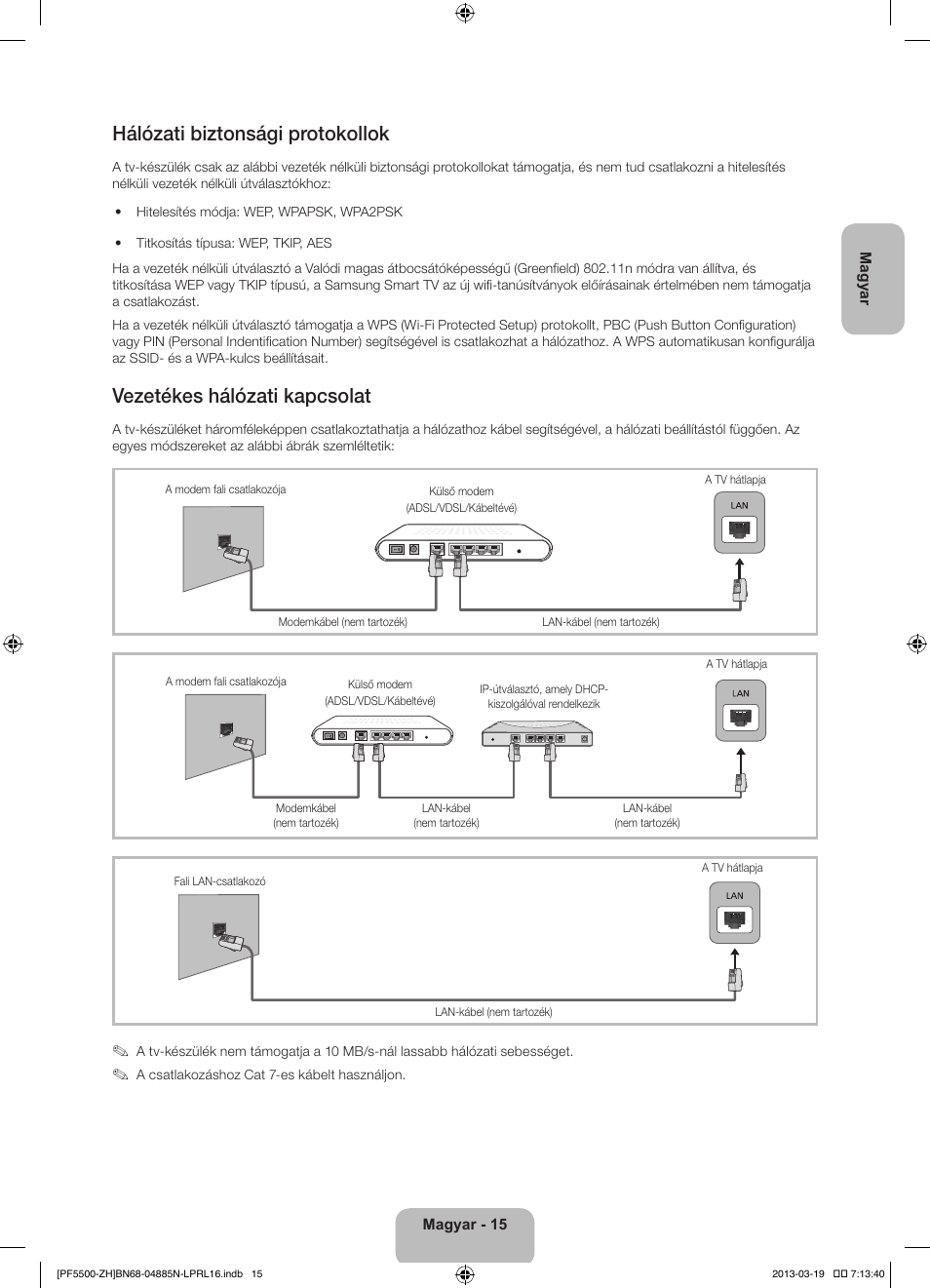 Hálózati biztonsági protokollok, Vezetékes hálózati kapcsolat | Samsung PS60F5500AW User Manual | Page 39 / 385