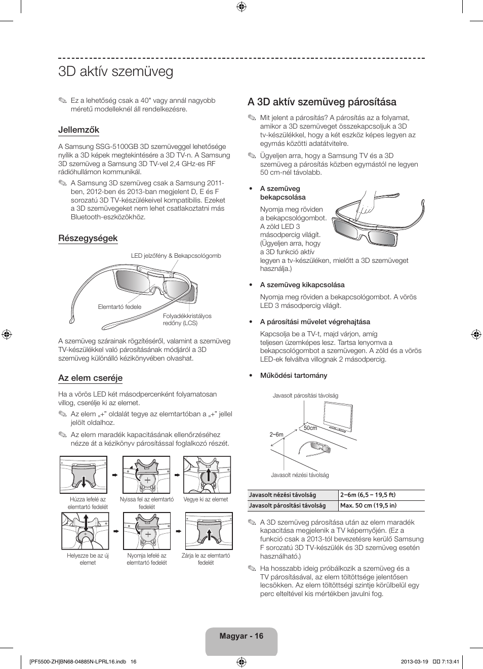 3d aktív szemüveg, A 3d aktív szemüveg párosítása | Samsung PS60F5500AW User Manual | Page 40 / 385