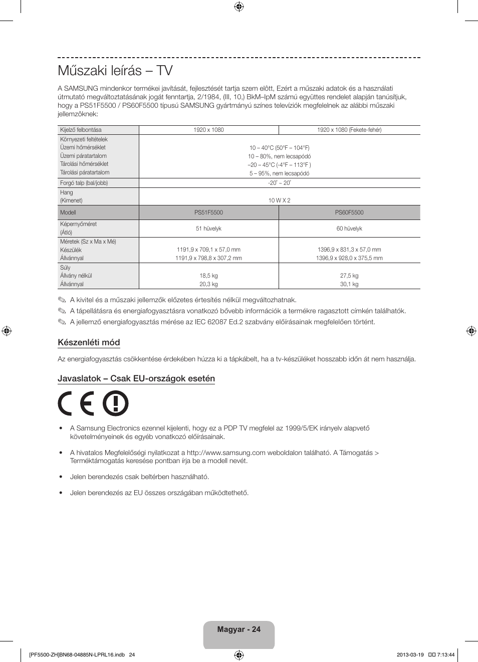 Műszaki leírás – tv, Készenléti mód, Javaslatok – csak eu-országok esetén | Samsung PS60F5500AW User Manual | Page 48 / 385