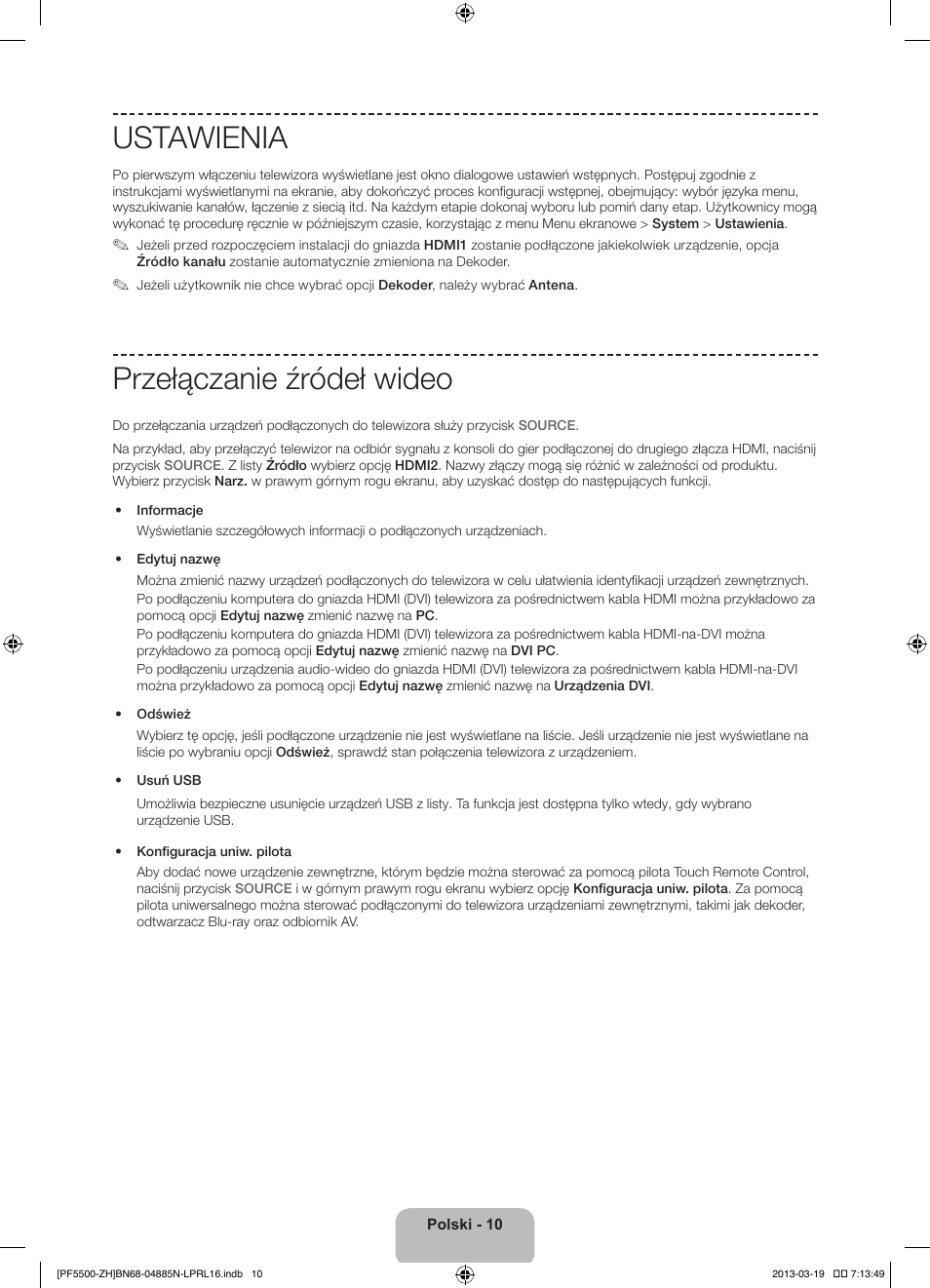 Ustawienia, Przełączanie źródeł wideo | Samsung PS60F5500AW User Manual | Page 58 / 385