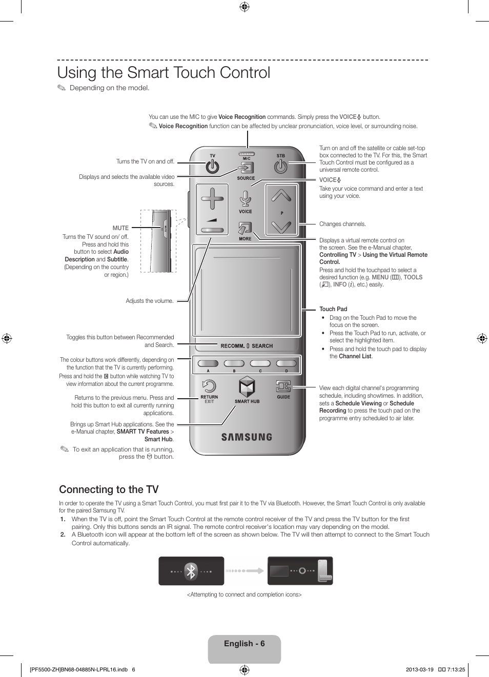 Using the smart touch control, Connecting to the tv | Samsung PS60F5500AW User Manual | Page 6 / 385