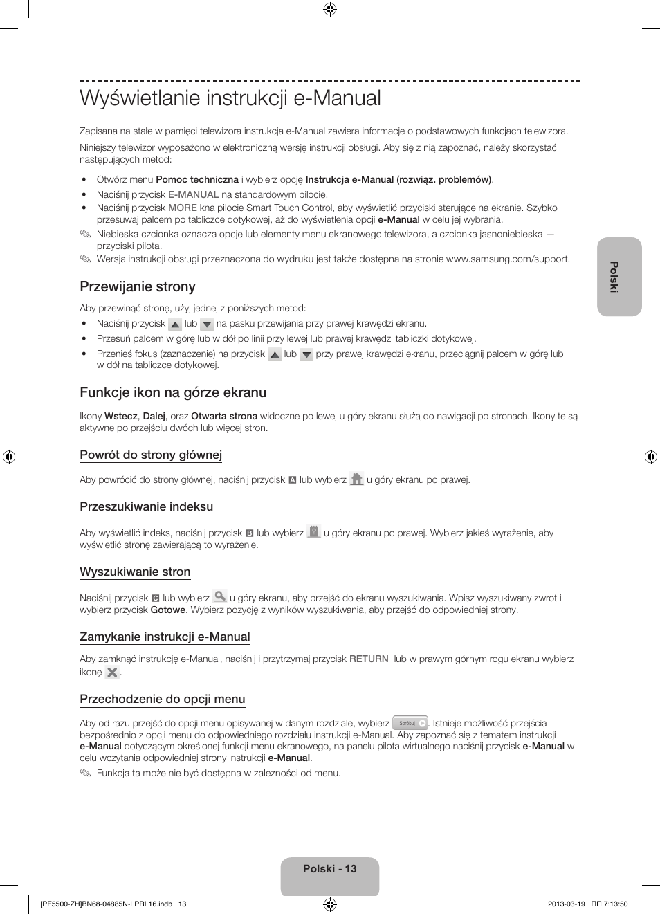 Wyświetlanie instrukcji e-manual, Przewijanie strony, Funkcje ikon na górze ekranu | Samsung PS60F5500AW User Manual | Page 61 / 385