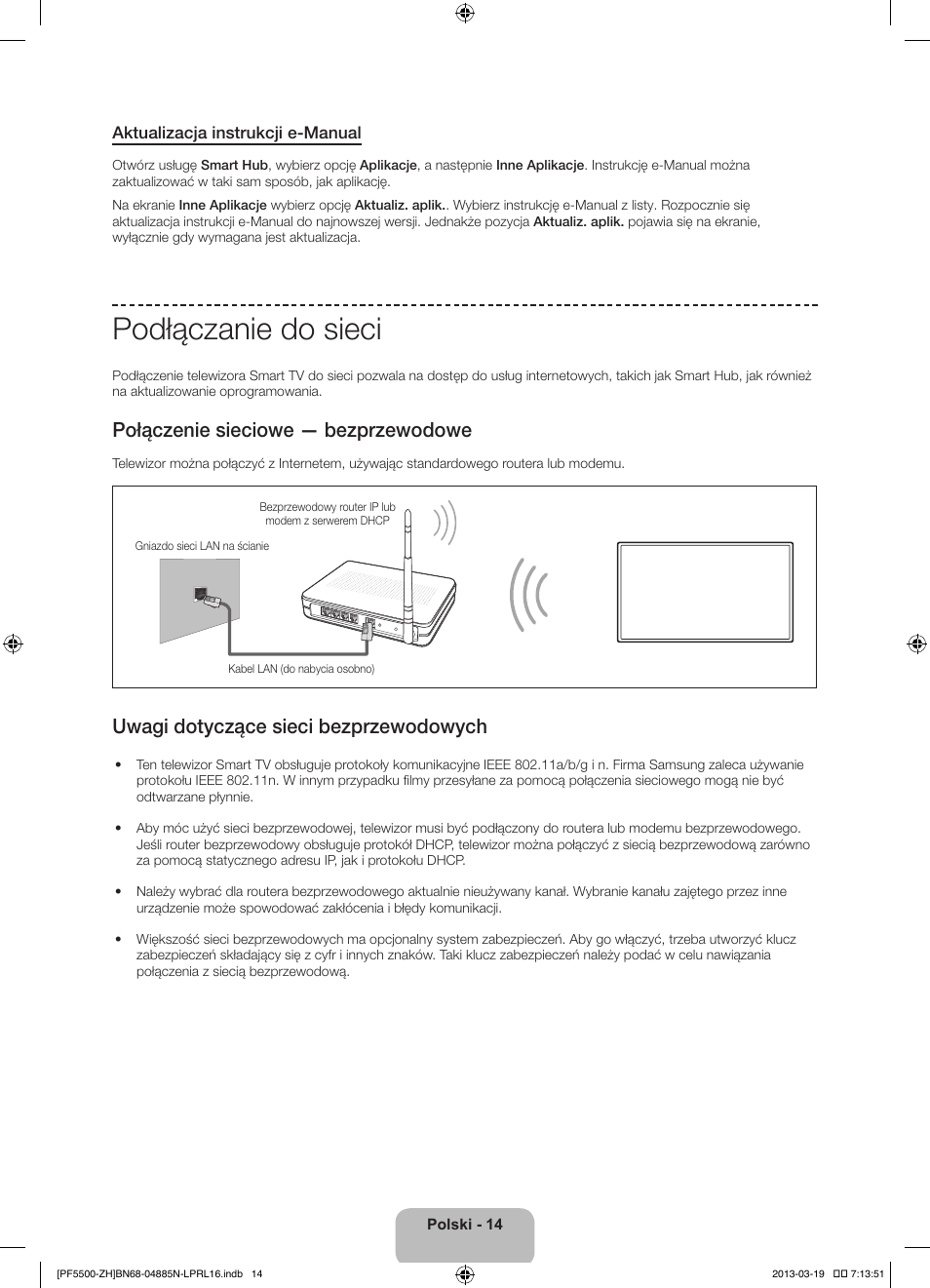 Podłączanie do sieci, Połączenie sieciowe — bezprzewodowe, Uwagi dotyczące sieci bezprzewodowych | Samsung PS60F5500AW User Manual | Page 62 / 385