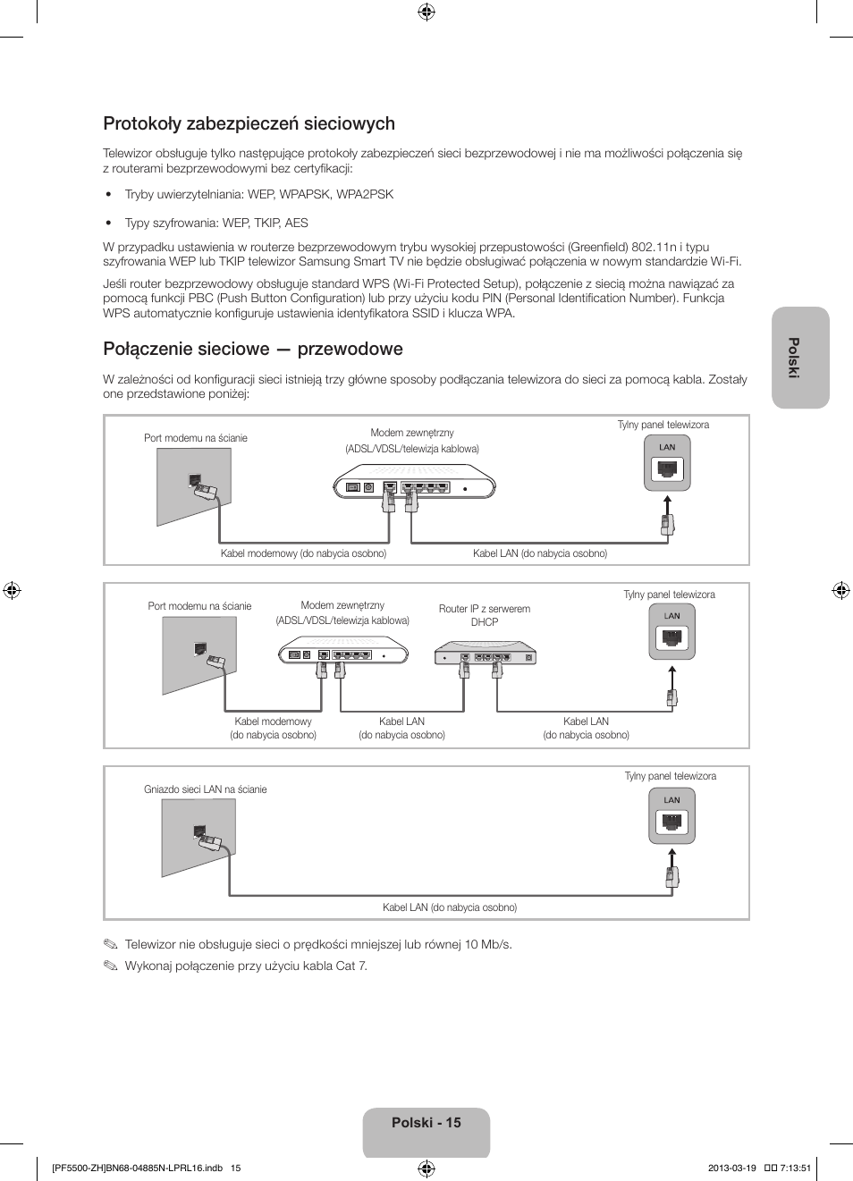 Protokoły zabezpieczeń sieciowych, Połączenie sieciowe — przewodowe | Samsung PS60F5500AW User Manual | Page 63 / 385