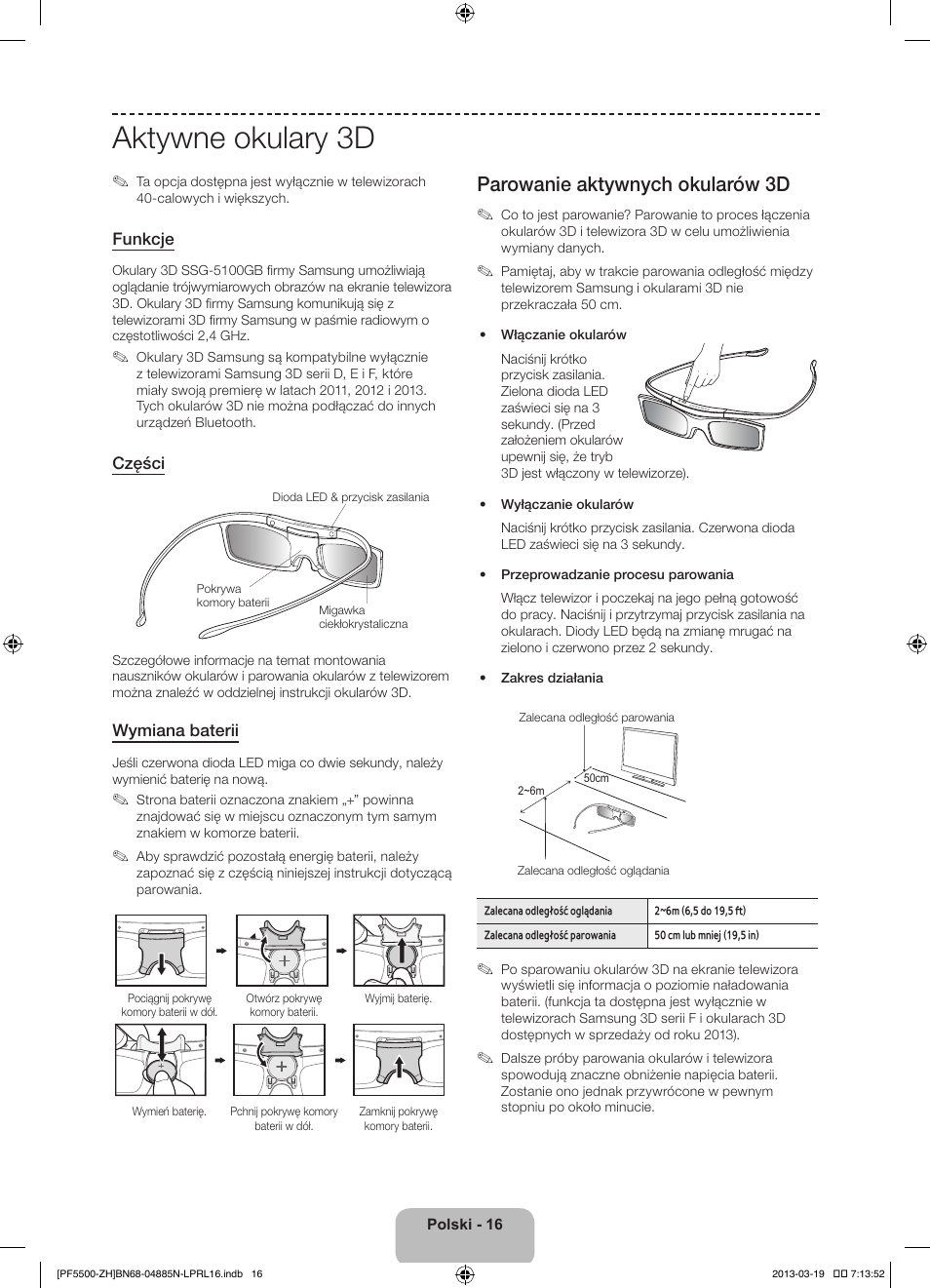 Aktywne okulary 3d, Parowanie aktywnych okularów 3d | Samsung PS60F5500AW User Manual | Page 64 / 385