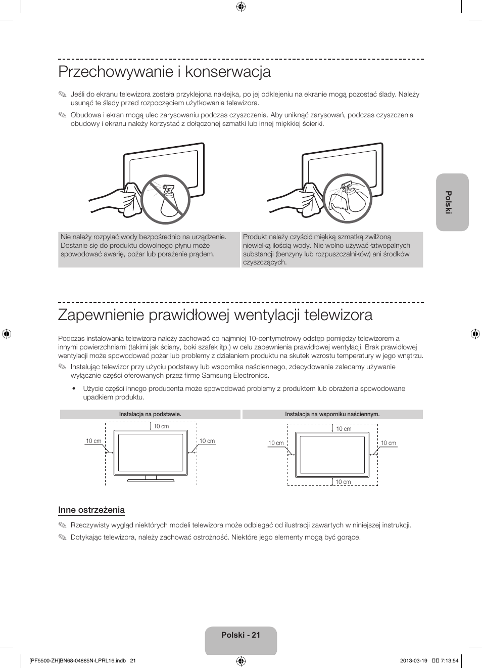 Przechowywanie i konserwacja, Zapewnienie prawidłowej wentylacji telewizora | Samsung PS60F5500AW User Manual | Page 69 / 385