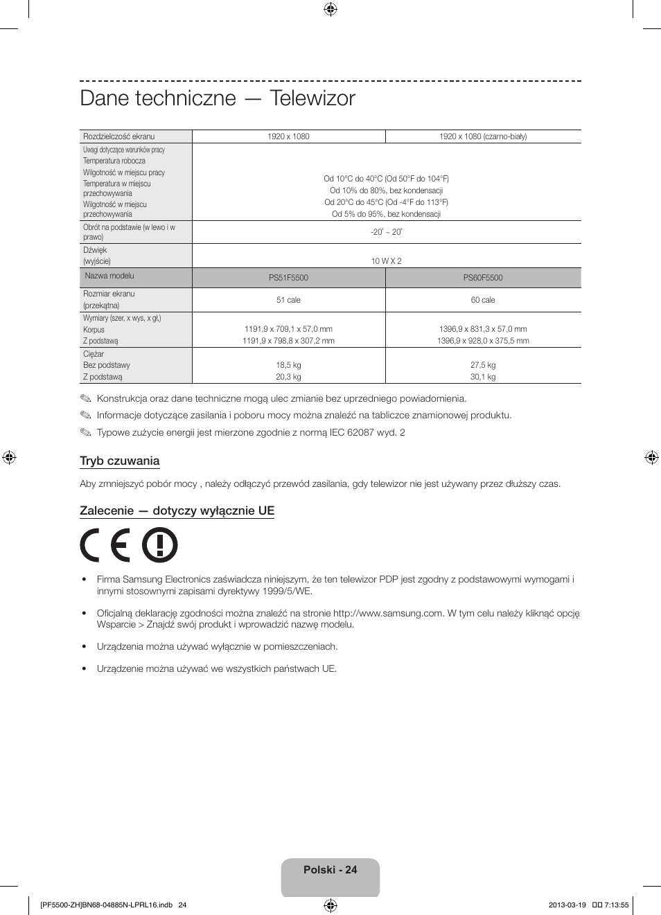 Dane techniczne — telewizor, Tryb czuwania, Zalecenie — dotyczy wyłącznie ue | Samsung PS60F5500AW User Manual | Page 72 / 385