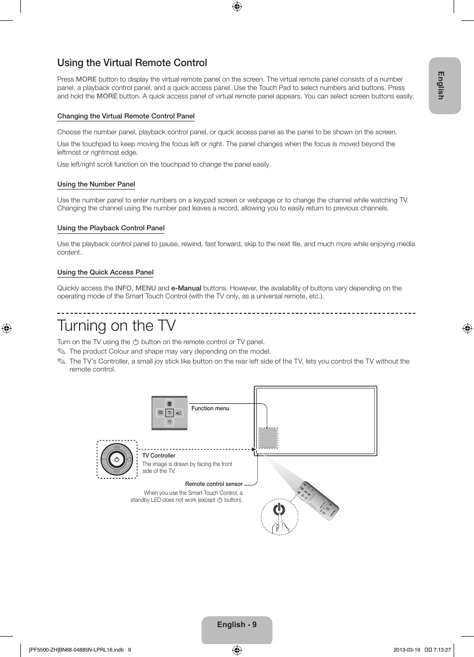 Turning on the tv, Using the virtual remote control | Samsung PS60F5500AW User Manual | Page 9 / 385