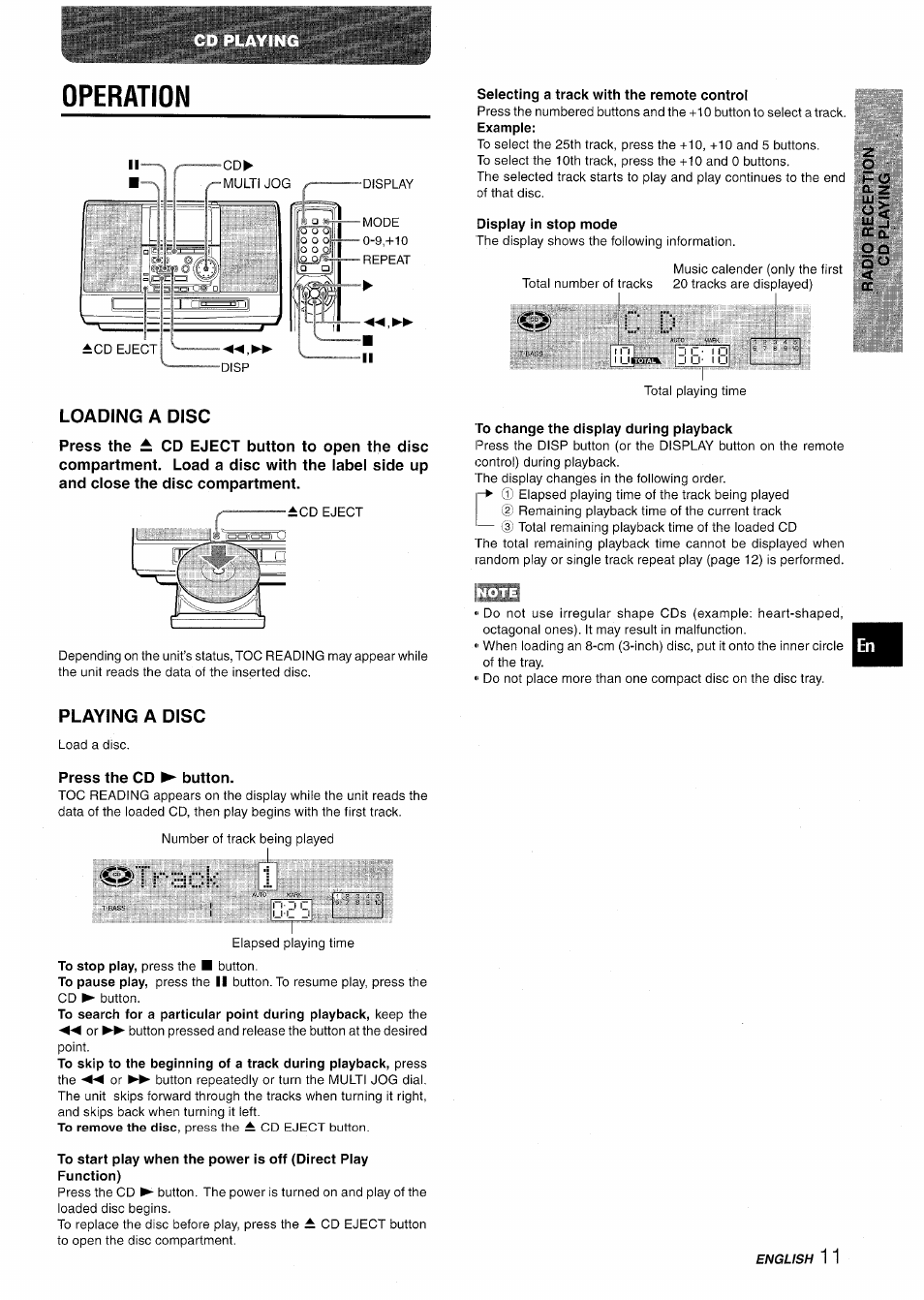 Loading a disc, Playing a disc, Press the cd ► button | Operation, H o q . z | Aiwa CSD-MD50 User Manual | Page 11 / 100