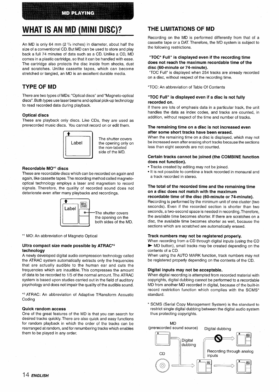 What is an md (mini disc), Type of md, Optical discs | Recordable mo*^ discs, Quick random access, The limitations of md, Track numbers may not be registered properly, Digital inputs may not be acceptable | Aiwa CSD-MD50 User Manual | Page 14 / 100