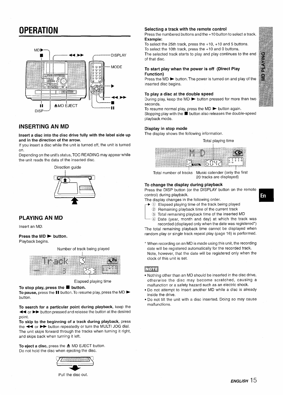Inserting an md, Playing an md, Track | Operation | Aiwa CSD-MD50 User Manual | Page 15 / 100