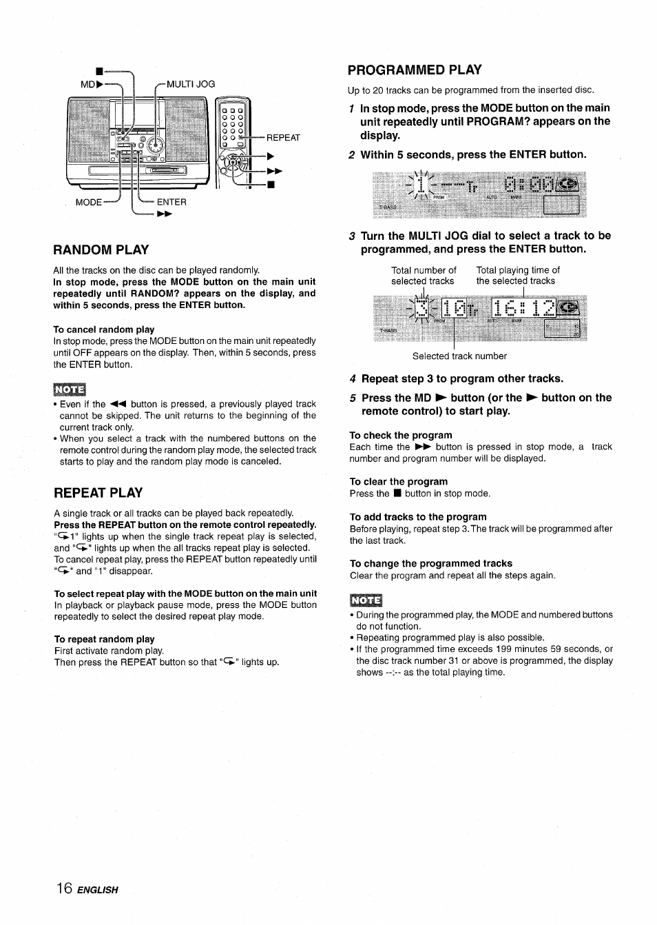 Random play, Repeat play, Programmed play | 2 within 5 seconds, press the enter button, I:-- iv izuiiziui, 4 repeat step 3 to program other tracks, To check the program, To clear the program, To add tracks to the program, To change the programmed tracks | Aiwa CSD-MD50 User Manual | Page 16 / 100