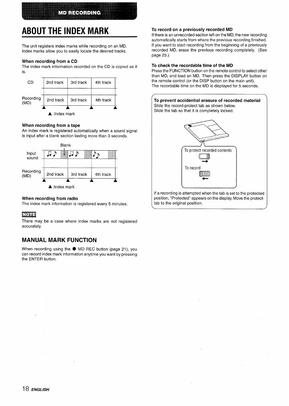 About the index mark, When recording from a cd, When recording from a tape | To record on a previously recorded md, To check the recordable time of the md, When recording from radio, Manual mark function | Aiwa CSD-MD50 User Manual | Page 18 / 100