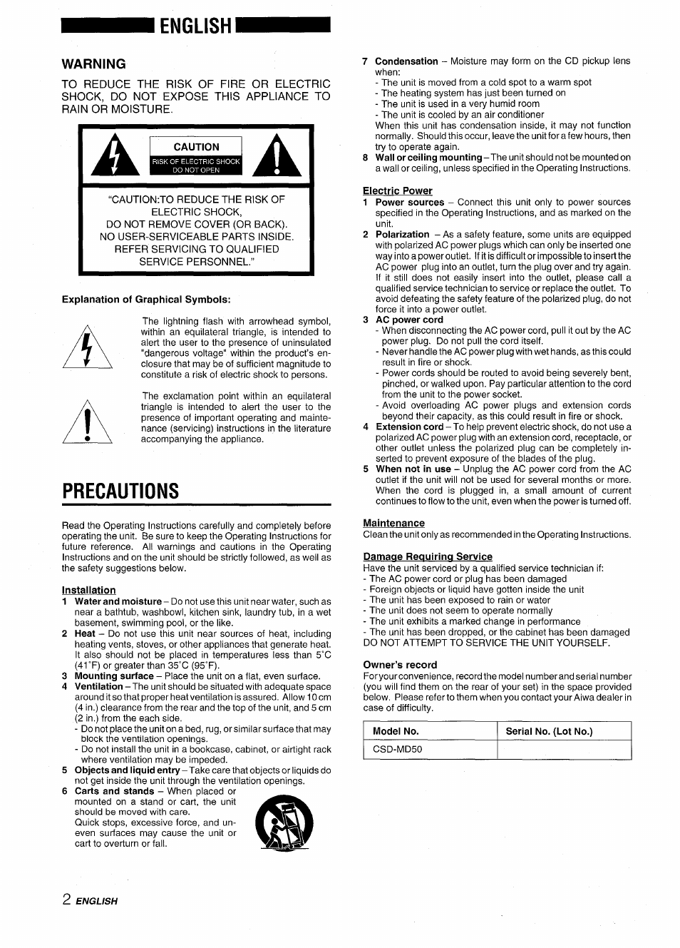 English, Warning, Precautions | Aiwa CSD-MD50 User Manual | Page 2 / 100