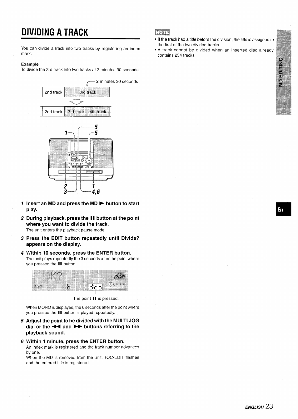 Dividing a track | Aiwa CSD-MD50 User Manual | Page 23 / 100