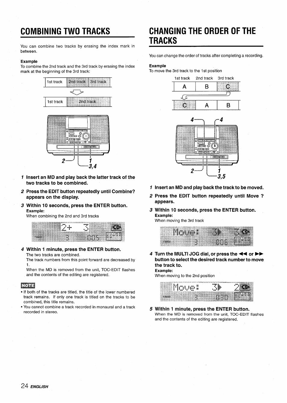 Combining two tracks, Changing the order of the tracks, Move 5 3i?- 3t®i | Move, 2i@3 | Aiwa CSD-MD50 User Manual | Page 24 / 100
