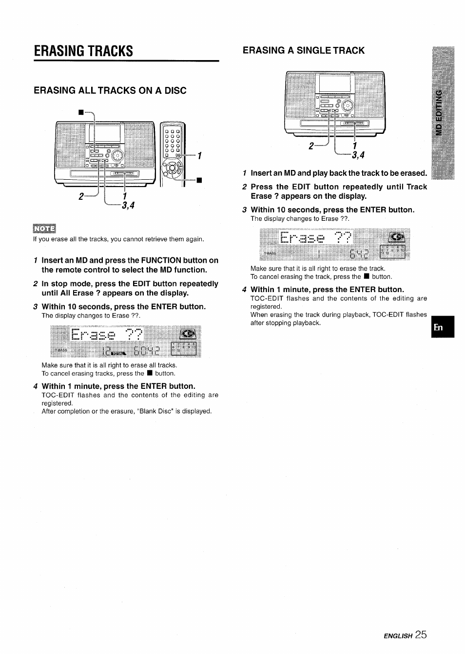 Erasing tracks, Erasing all tracks on a disc, 3 within 10 seconds, press the enter button | Erast, 4 within 1 minute, press the enter button | Aiwa CSD-MD50 User Manual | Page 25 / 100