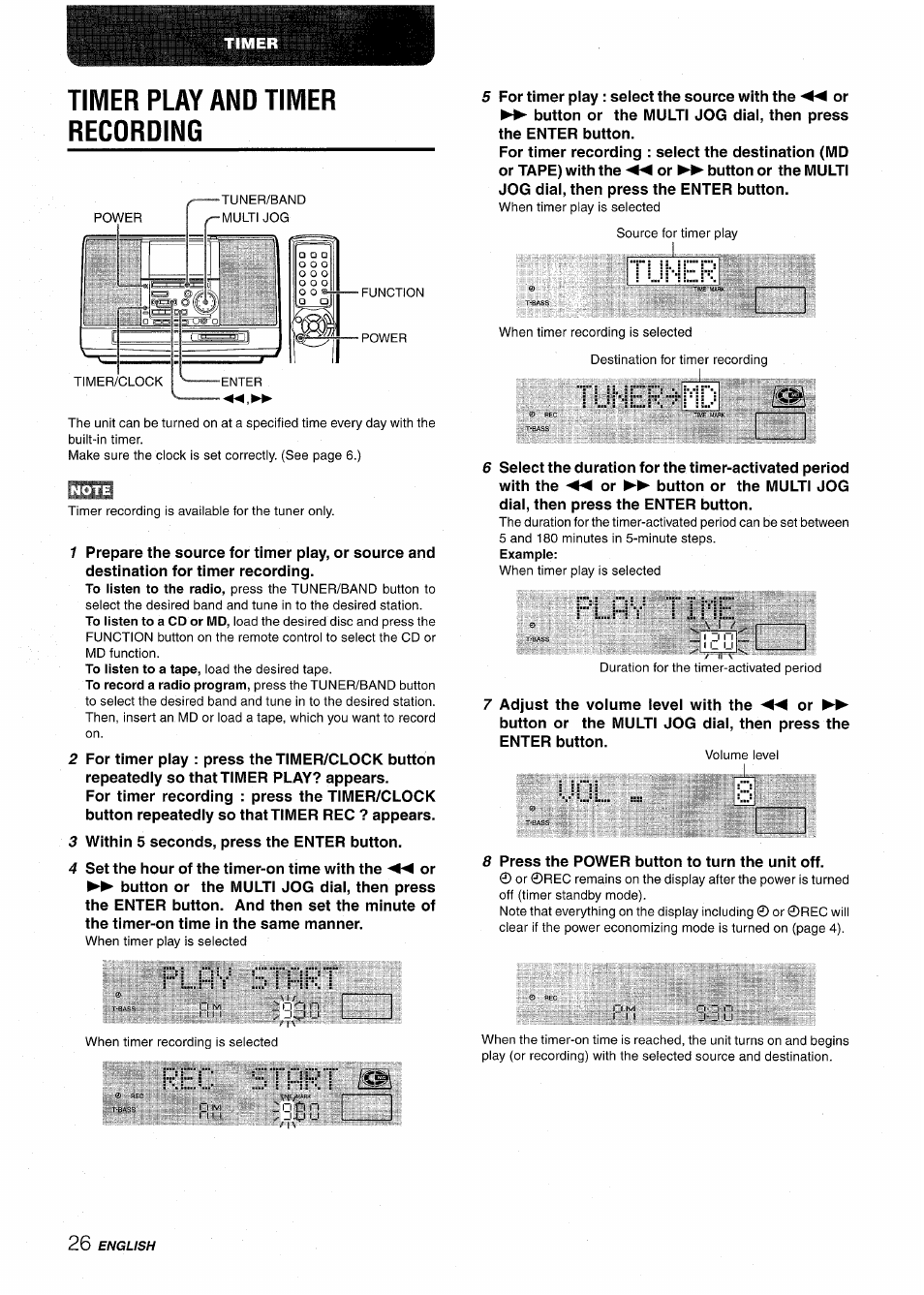 Timer play and timer recording, Tuner, Tuner-s-ildl îsë | Plhv tihe, Timer play andtimer recording, V st, Rec st, Iuiji | Aiwa CSD-MD50 User Manual | Page 26 / 100