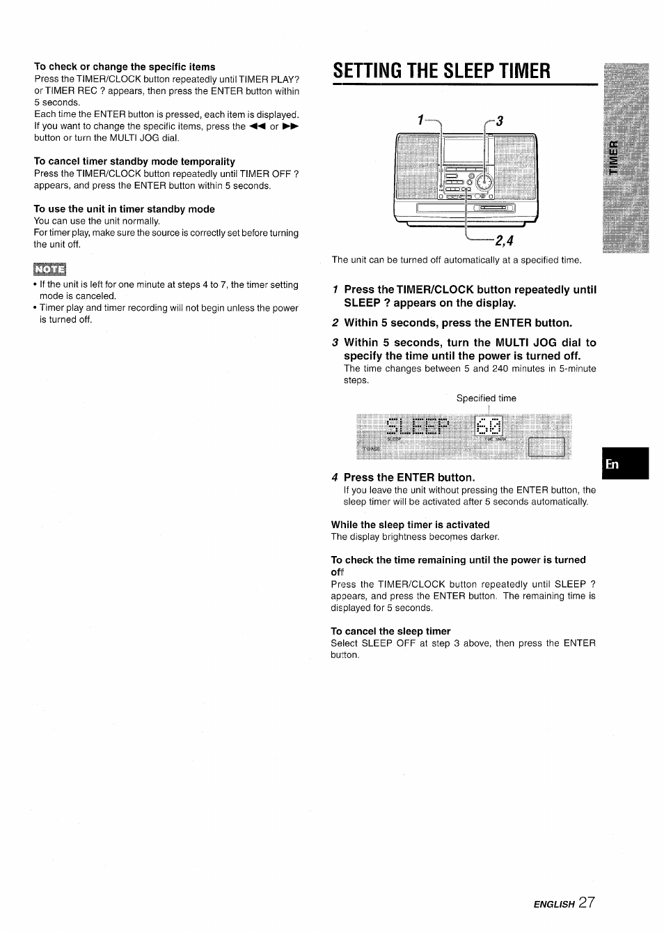 To check or change the specific items, To cancel timer standby mode temporality, To use the unit in timer standby mode | Setting the sleep timer, 2 within 5 seconds, press the enter button, 4 press the enter button, While the sleep timer is activated, To cancel the sleep timer | Aiwa CSD-MD50 User Manual | Page 27 / 100