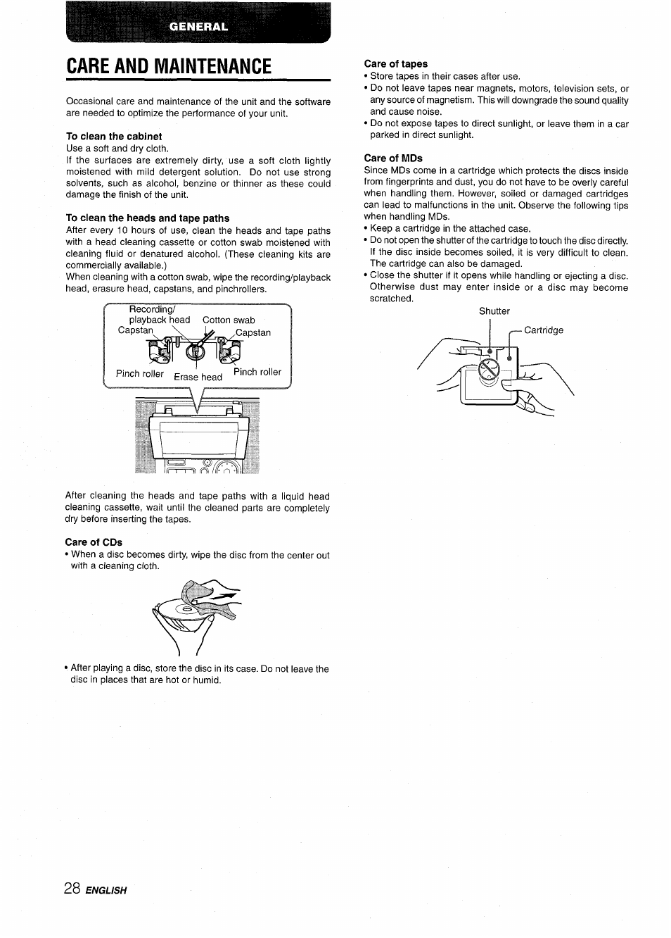 Care and maintenance, To clean the cabinet, To clean the heads and tape paths | Care of tapes, Care of mds, Care of cds | Aiwa CSD-MD50 User Manual | Page 28 / 100
