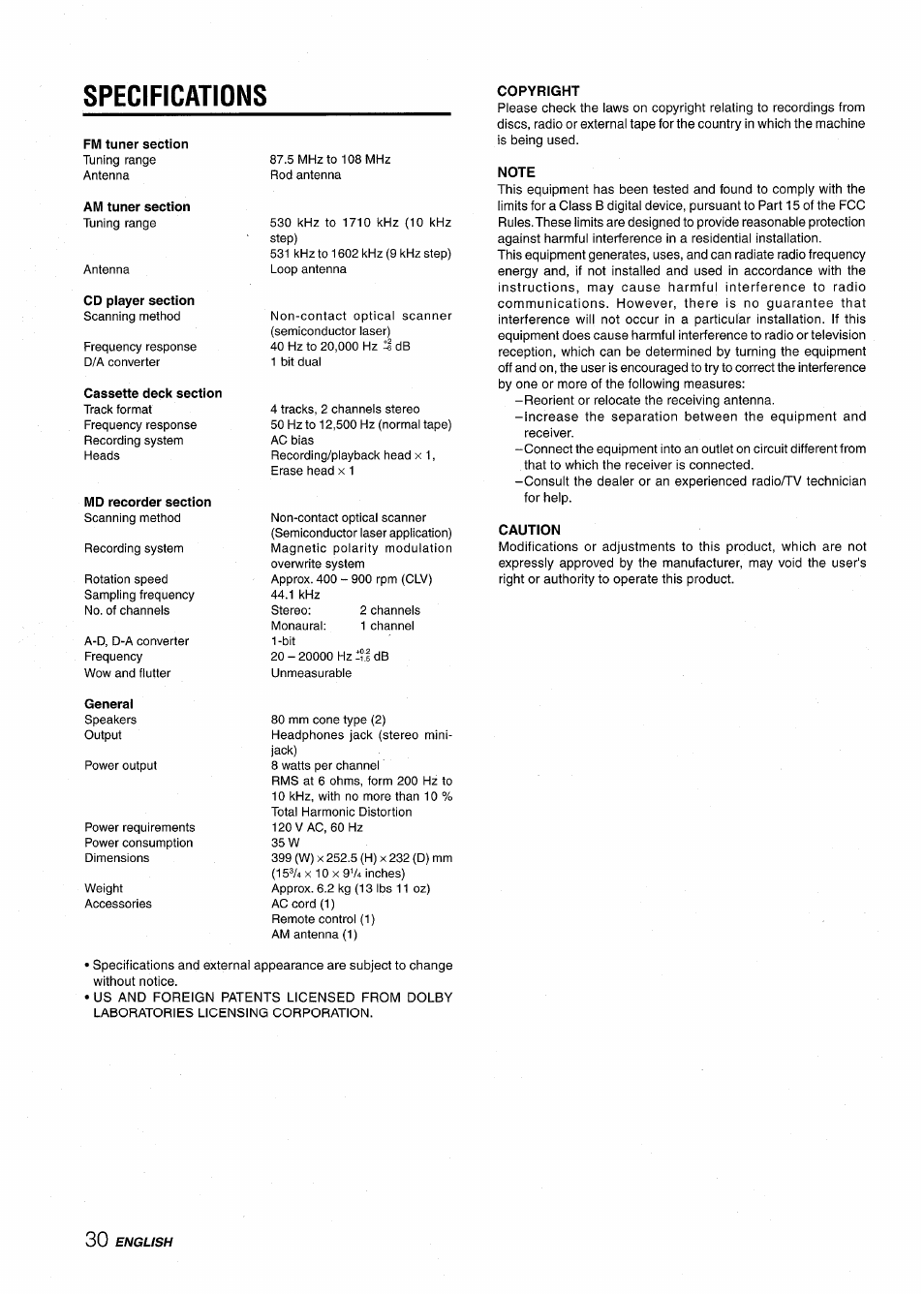 Specifications, Copyright, Note | Caution | Aiwa CSD-MD50 User Manual | Page 30 / 100