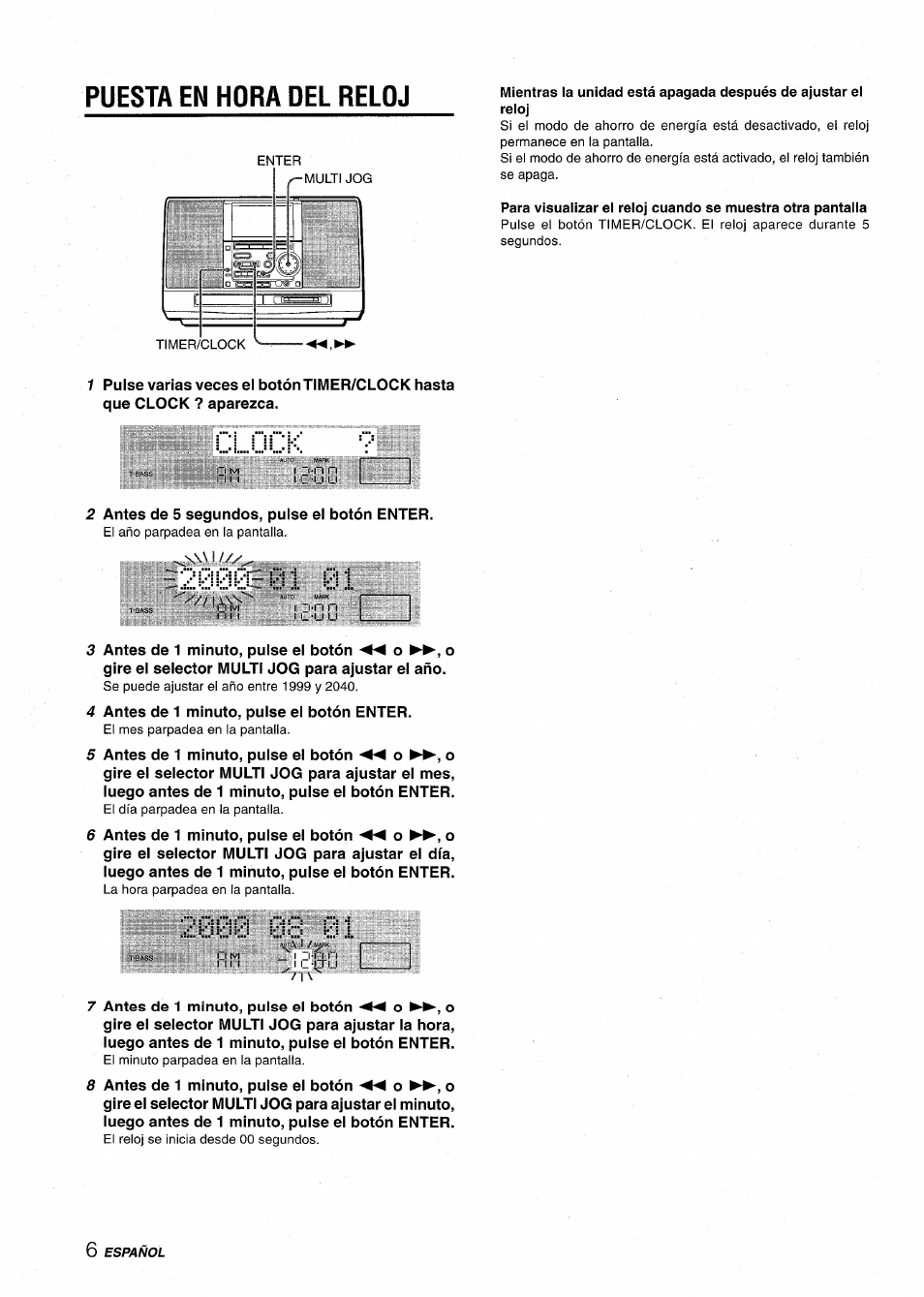 Puesta en hora del reloj | Aiwa CSD-MD50 User Manual | Page 38 / 100