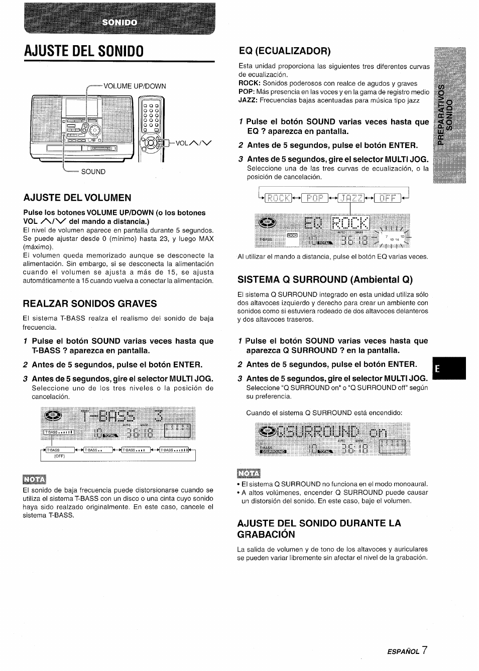 Ajuste del sonido, Ajuste del volumen, Realzar sonidos graves | 2 antes de 5 segundos, pulse el botón enter, 3 antes de 5 segundos, gire el selector multi jog, T boss, Eq (ecualizador), C®' eq ïî0ck, Sistema q surround (ambiental q), 3 antes de 5 segundos, gire ei seiector multi jog | Aiwa CSD-MD50 User Manual | Page 39 / 100