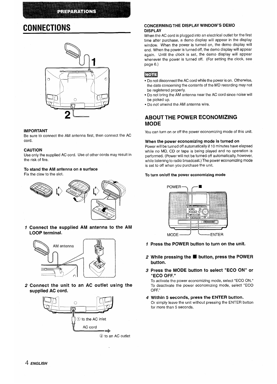 Connections, About the power economizing mode, 1 press the power button to turn on the unit | Aiwa CSD-MD50 User Manual | Page 4 / 100