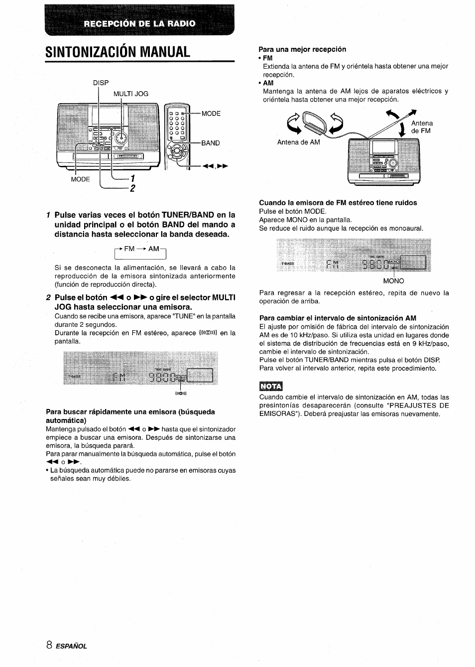 Sintonizacion manual, Para una mejor recepción, Cuando la emisora de fm estéreo tiene ruidos | Para cambiar el intervalo de sintonización am, Nota, Sintonización manual | Aiwa CSD-MD50 User Manual | Page 40 / 100
