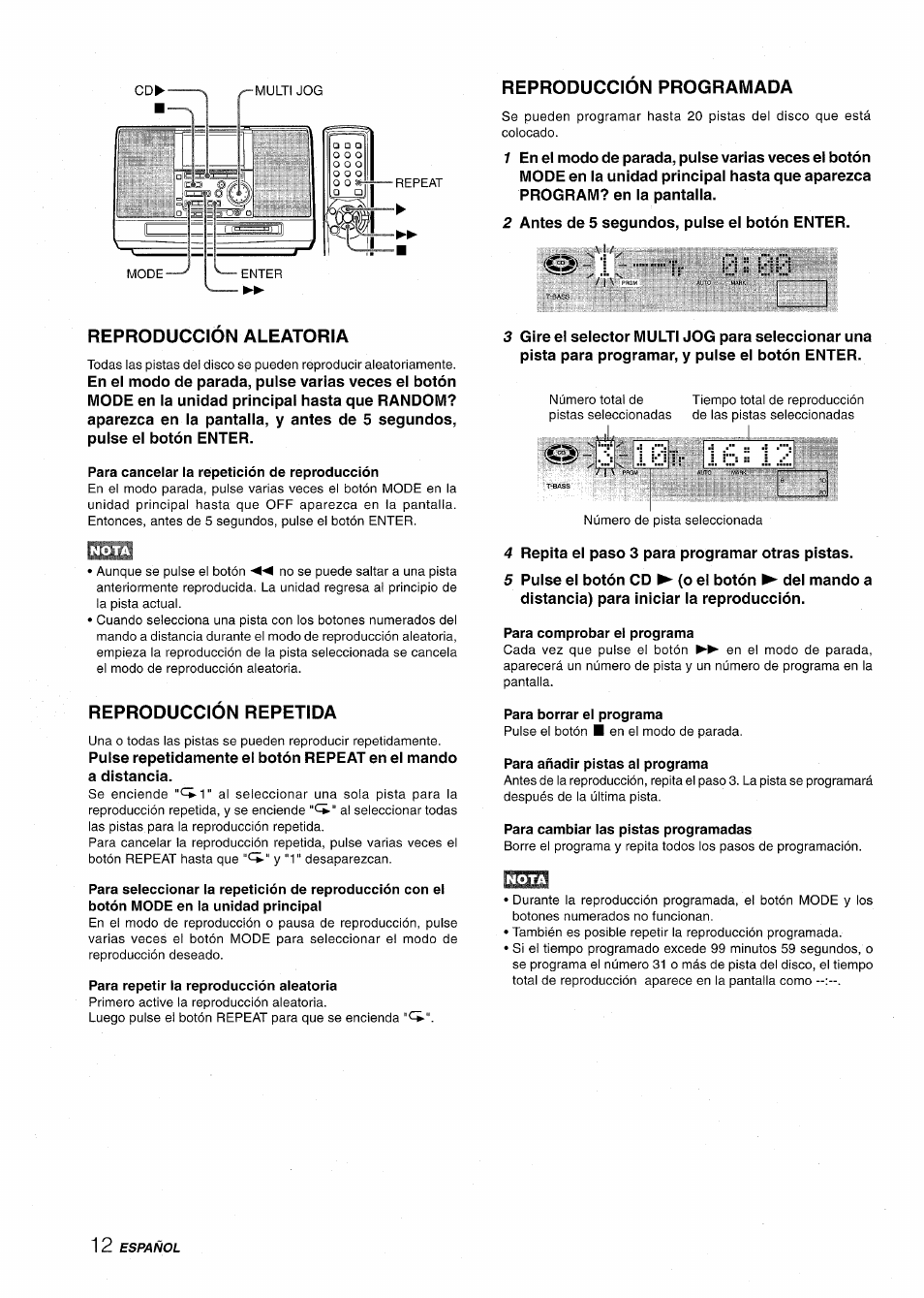 Reproduccion aleatoria, Para cancelar la repetición de reproducción, Reproducción repetida | Para repetir la reproducción aleatoria, Reproduccion programada, Para comprobar el programa, Para borrar el programa, Para añadir pistas al programa, Para cambiar las pistas programadas, I -■■■tr 0 :: 00 | Aiwa CSD-MD50 User Manual | Page 44 / 100