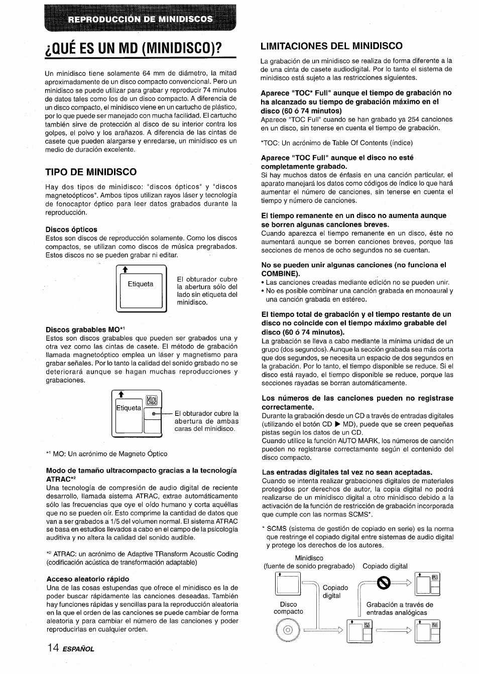 Qué es un md (iviinidisco), Tipo de minidisco, Limitaciones del minidisco | Qué es un md (minidisco) | Aiwa CSD-MD50 User Manual | Page 46 / 100