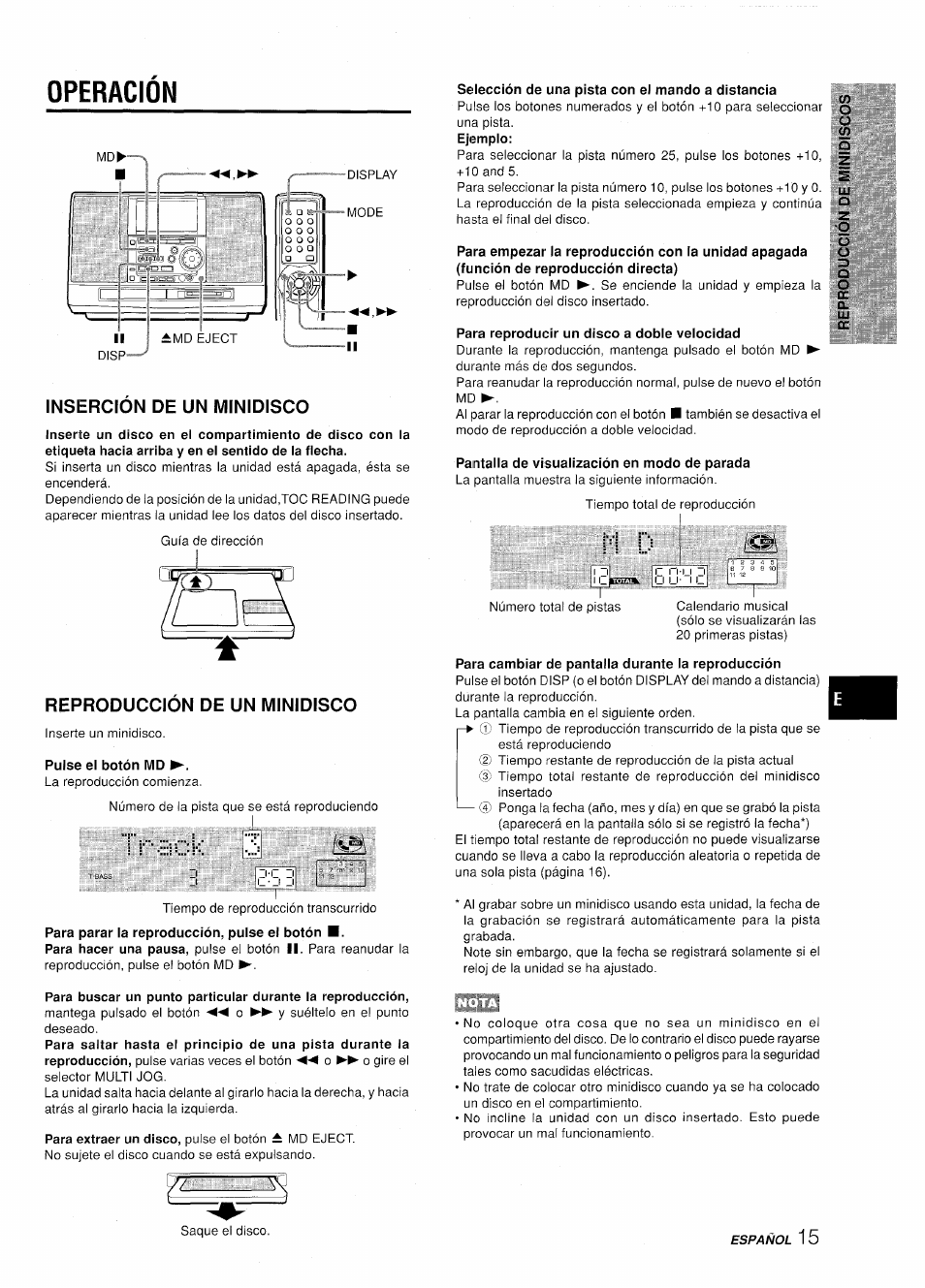 Insercion de un minidisco, Reproduccion de un minidisco, Operacion | Ti-.bck | Aiwa CSD-MD50 User Manual | Page 47 / 100