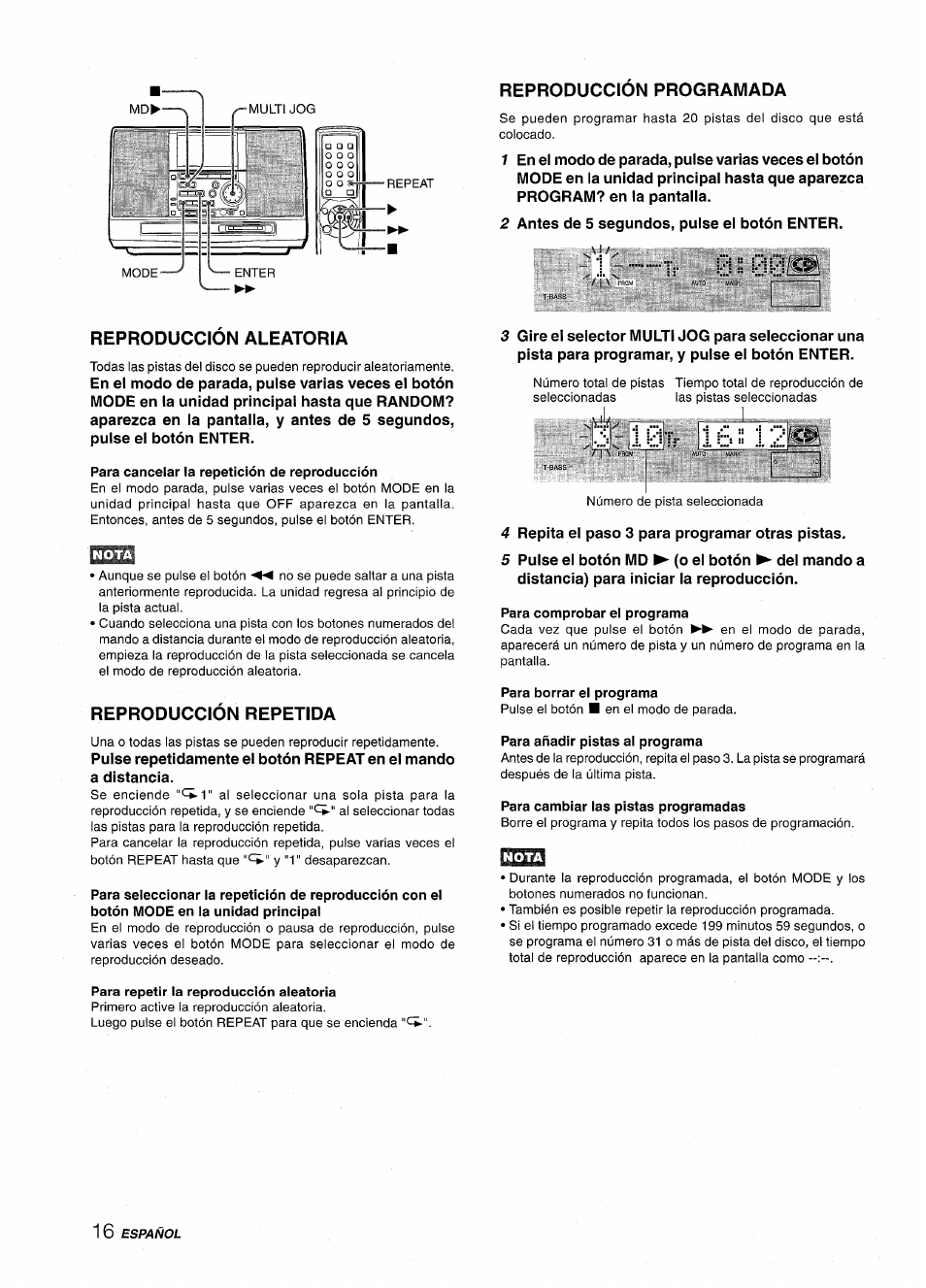 Reproduccion aleatoria, Para cancelar la repetición de reproducción, Reproducción repetida | Reproduccion programada, 1 —tr i3 i: 00ií, 3 10t: 16» 121, Para comprobar el programa, Para borrar el programa, Para añadir pistas al programa, Para cambiar las pistas programadas | Aiwa CSD-MD50 User Manual | Page 48 / 100