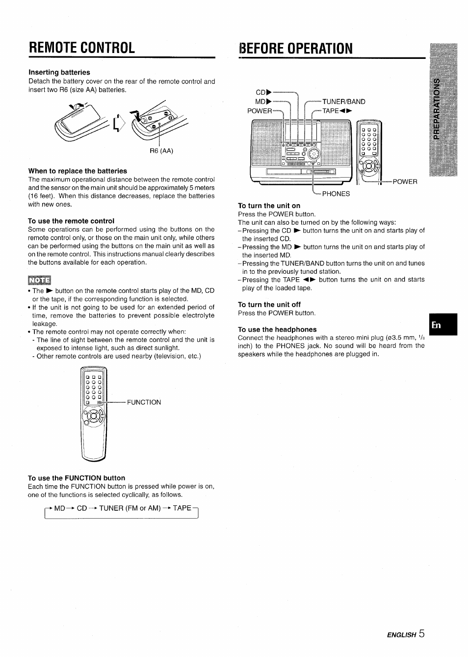 Inserting batteries, When to replace the batteries, To use the remote control | To turn the unit on, To turn the unit off, To use the headphones, To use the function button, Remote control before operation | Aiwa CSD-MD50 User Manual | Page 5 / 100