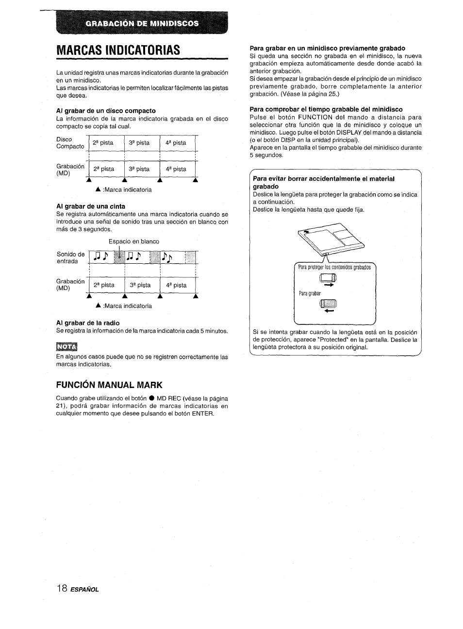 Marcas indicatorias, Al grabar de un disco compacto, Al grabar de la radio | Función manual mark, Para grabar en un minidisco previamente grabado, Para comprobar el tiempo grabable del minidisco | Aiwa CSD-MD50 User Manual | Page 50 / 100