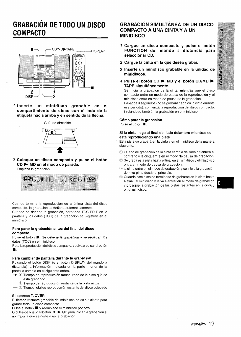 Grabacion de todo un disco compacto, Cdlmld directx, Cómo parar la grabación | Para cambiar de pantalla durante la grabación, Si aparece t. over, Grabación de todo un disco compacto | Aiwa CSD-MD50 User Manual | Page 51 / 100