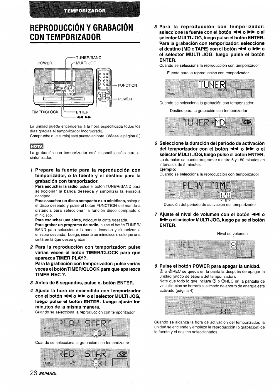 Reproduccion y grabacion con temporizador, Pl.fr/ stprt, Pec stflrt | Tijher, Tuher-s-rb, F1..ñv time, Stflrt | Aiwa CSD-MD50 User Manual | Page 58 / 100