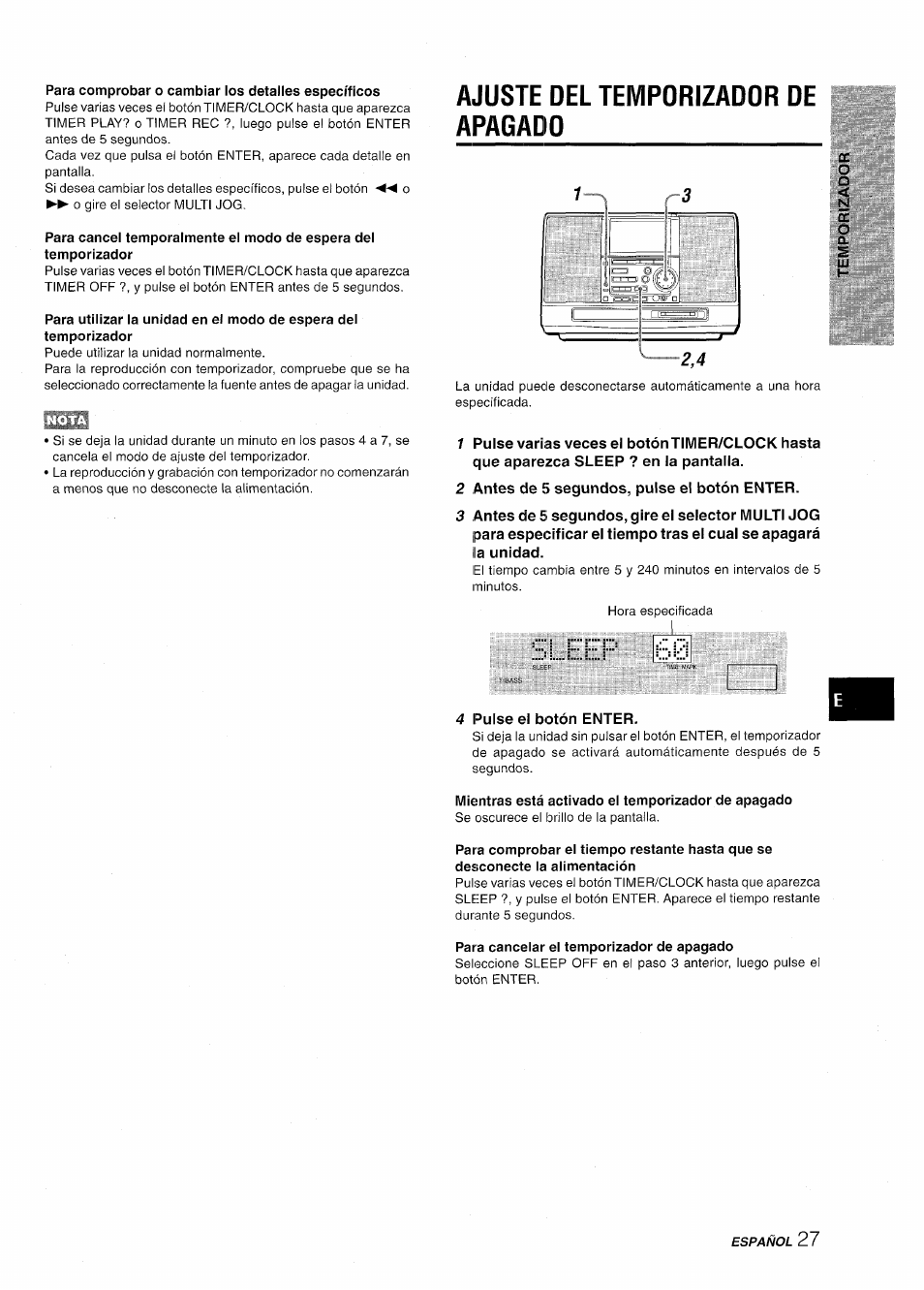 Para comprobar o cambiar los detalles específicos, Ajuste del temporizador de apagado, 2 antes de 5 segundos, pulse el botón enter | 4 puise ei botón enter, Mientras está activado el temporizador de apagado, Para cancelar el temporizador de apagado | Aiwa CSD-MD50 User Manual | Page 59 / 100