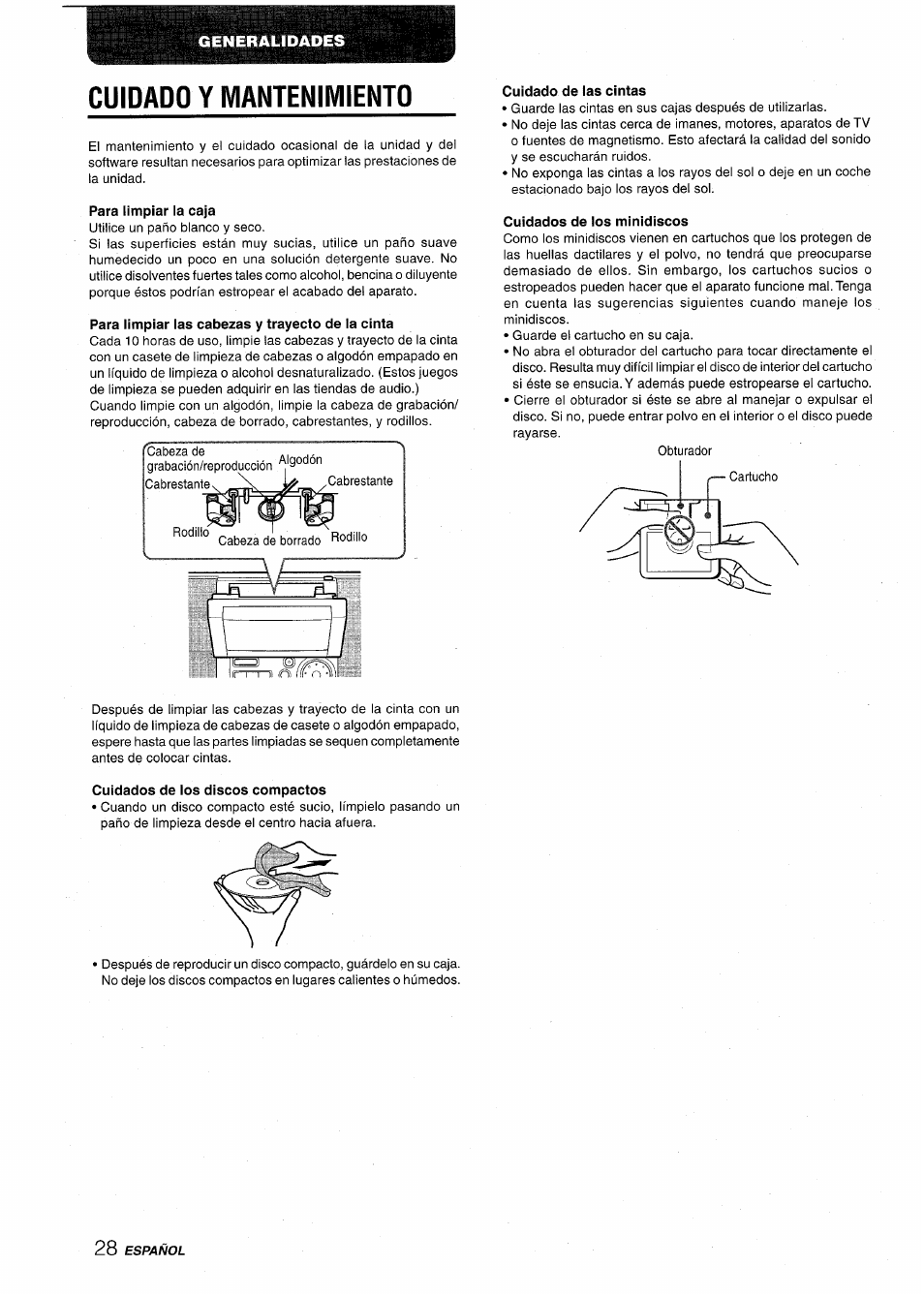 Cuidado y mantenimiento, Para limpiar la caja, Para limpiar las cabezas y trayecto de la cinta | Cuidado de las cintas, Cuidados de los minidiscos, Cuidados de los discos compactos | Aiwa CSD-MD50 User Manual | Page 60 / 100