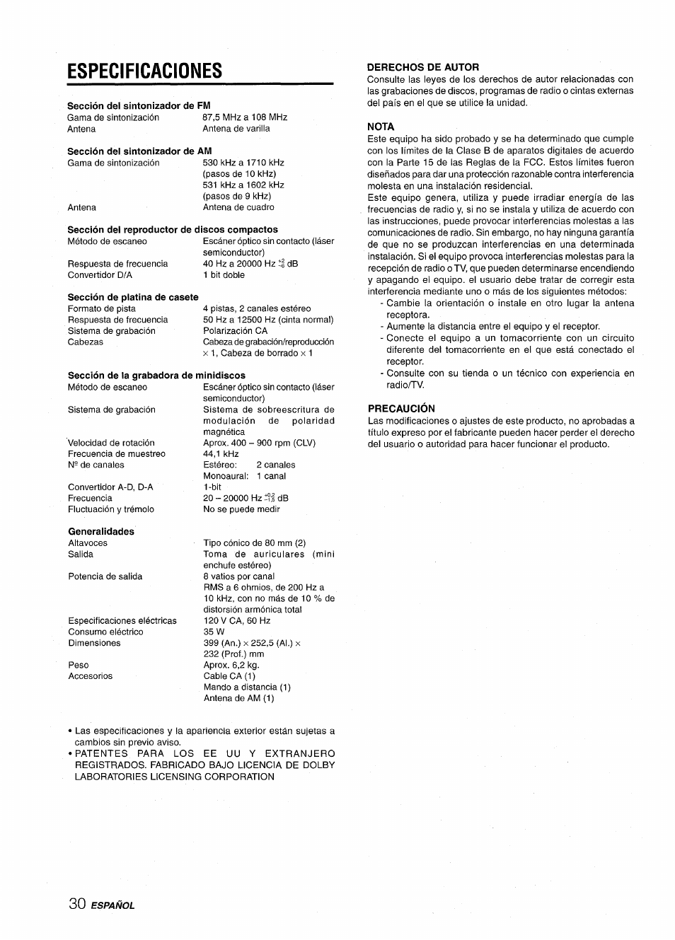 Especificaciones, Sección del sintonizador de fm, Sección dei sintonizador de am | Sección del reproductor de discos compactos, Sección de platina de casete, De minidiscos, Derechos de autor, Nota, Precaución | Aiwa CSD-MD50 User Manual | Page 62 / 100