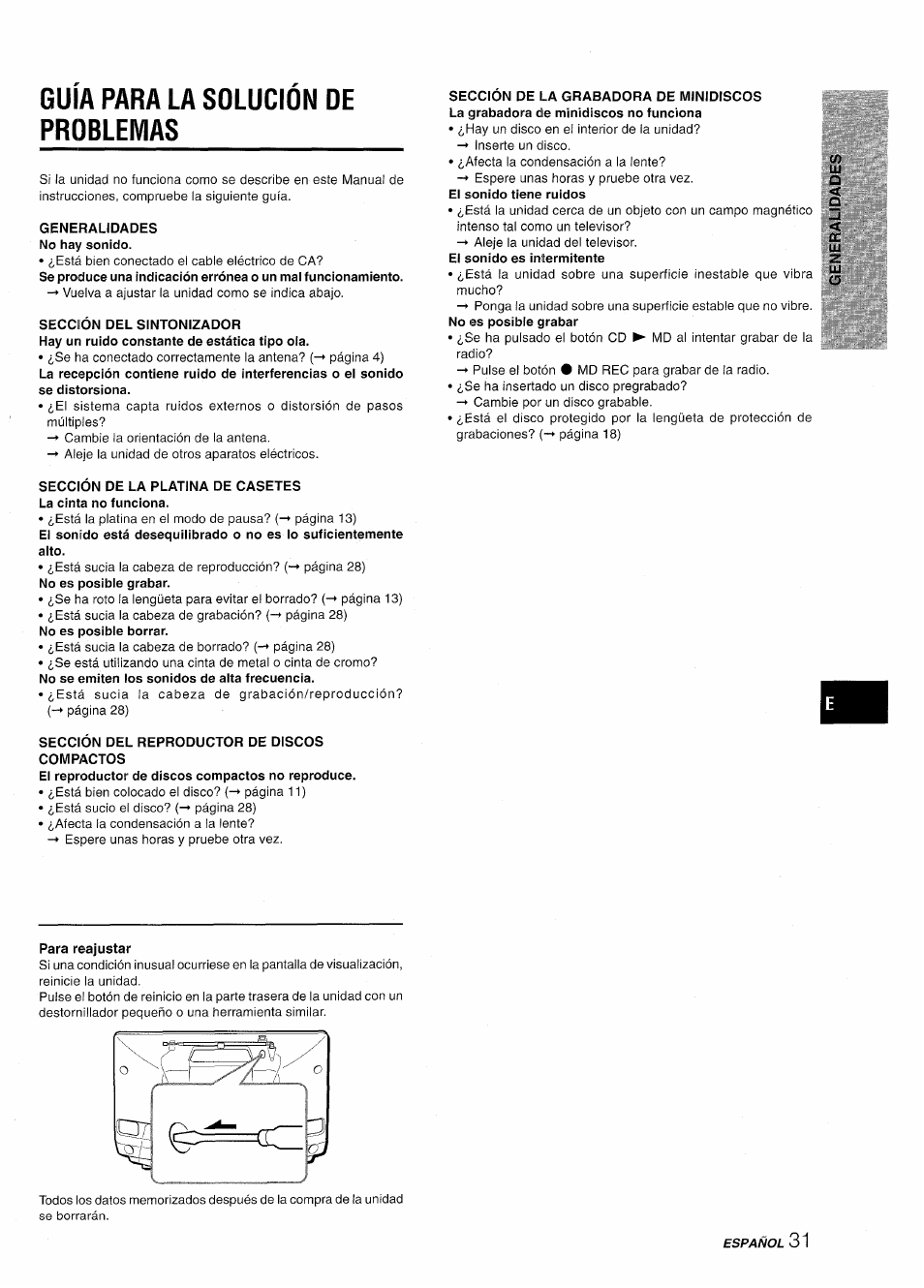 Guia para la solución de problemas, Guía para la solución de problemas | Aiwa CSD-MD50 User Manual | Page 63 / 100