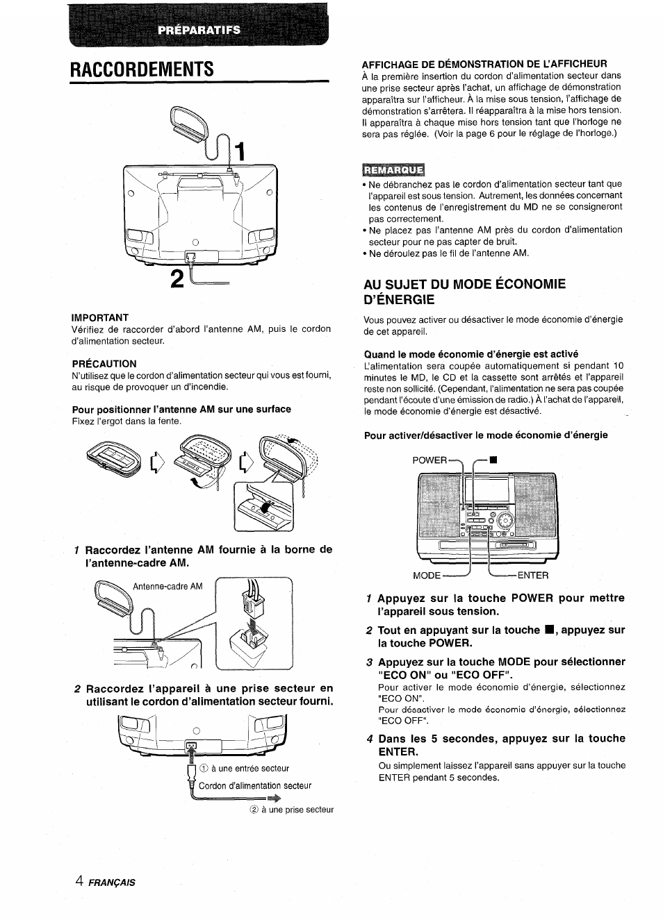 Raccordements, Important, Précaution | Pour positionner i’antenne am sur une surface, Affichage de démonstration de l’afficheur, Au sujet du mode économie d’énergie, Quand le mode économie d’énergie est activé, Pour activer/désactiver le mode économie d’énergie | Aiwa CSD-MD50 User Manual | Page 68 / 100