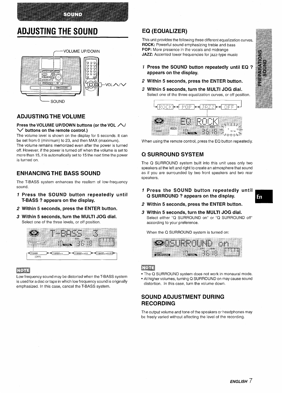 Adjusting the volume, Enhancing the bass sound, 2 within 5 seconds, press the enter button | 3 within 5 seconds, turn the multi jog dial, T eshlss 3, O eq fiock, Q surround system, Qsurrijijhd on, Sound adjustment during recording, Adjusting the sound | Aiwa CSD-MD50 User Manual | Page 7 / 100