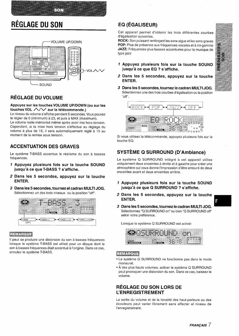 Réglage du son, Reglage du volume, Accentuation des graves | Eq (égaliseur), Système q surround (d’ambiance), Sl.irfi:ül.inn^ üi-i, Reglage du son lors de l’enregistrement, J3ehi, Ÿ t-e | Aiwa CSD-MD50 User Manual | Page 71 / 100