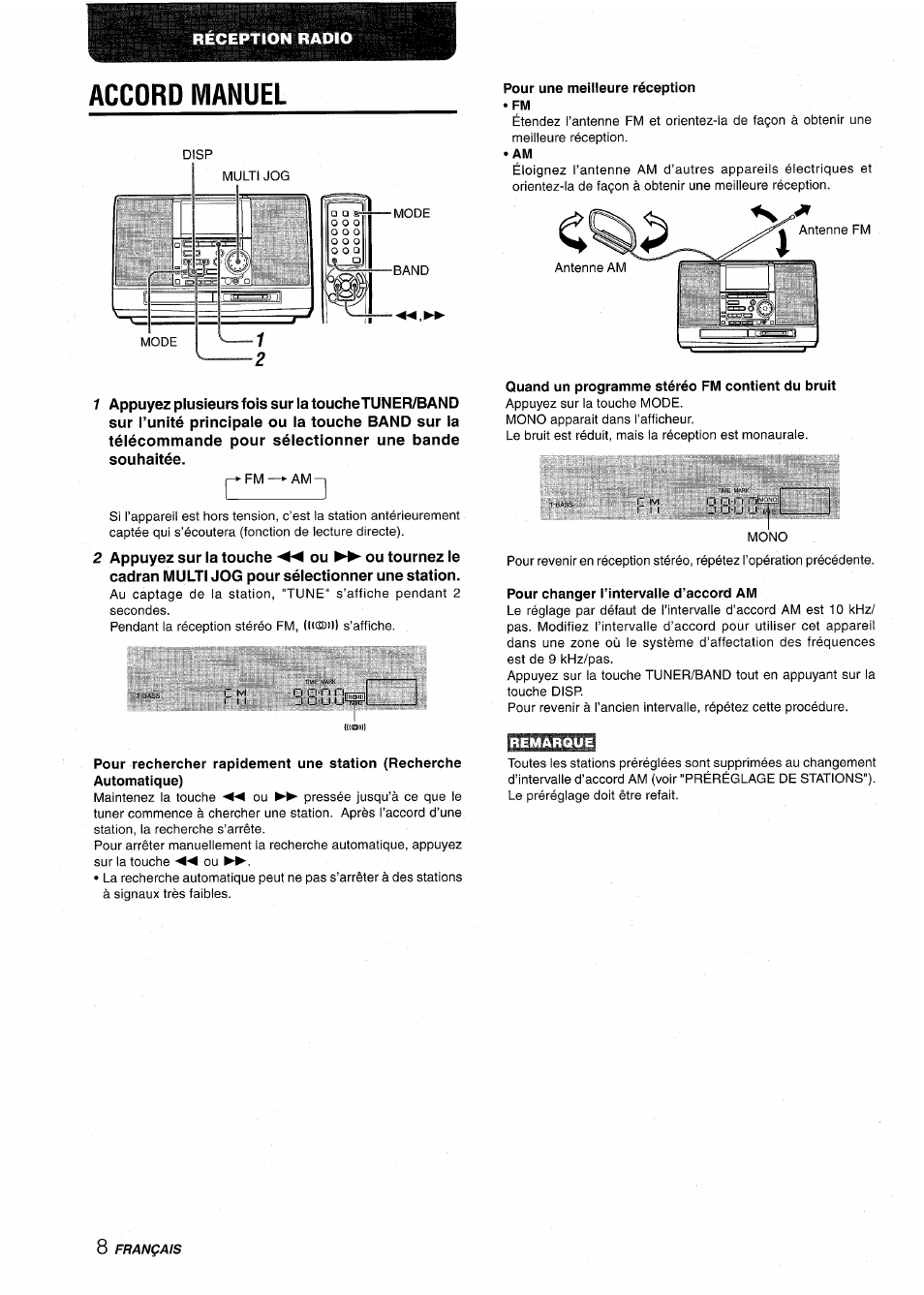 Accord manuel, Pour une meilleure réception • fm, Quand un programme stéréo fm contient du bruit | Pour changer l’intervalle d’accord am | Aiwa CSD-MD50 User Manual | Page 72 / 100