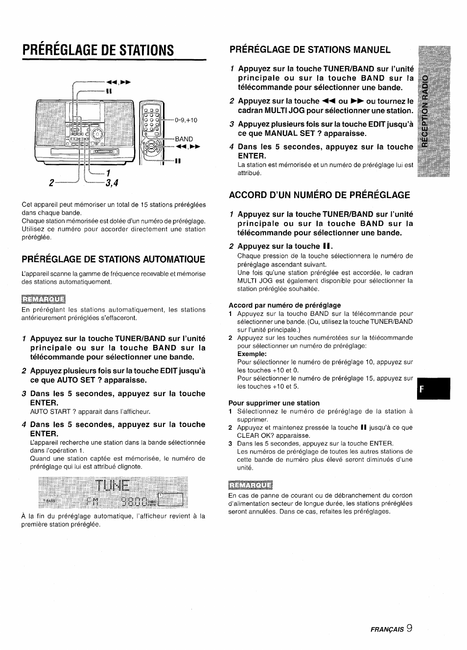 Préréglage de stations, Préréglage de stations automatique, Prereglage de stations manuel | Accord d’un numéro de préréglage, Accord par numéro de préréglage, Pour supprimer une station | Aiwa CSD-MD50 User Manual | Page 73 / 100