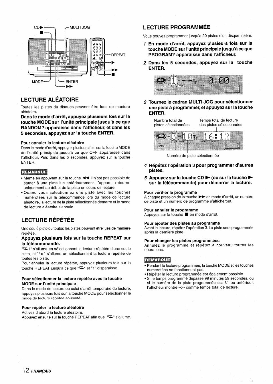 Lecture aleatoire, Pour annuler la lecture aléatoire, Lecture répétée | Pour répéter la lecture aléatoire, Lecture programmee, 3>: 3 101v ibu, Pour vérifier le programme, Pour annuler le programme, Pour ajouter des pistes au programme, Pour changer les pistes programmées | Aiwa CSD-MD50 User Manual | Page 76 / 100