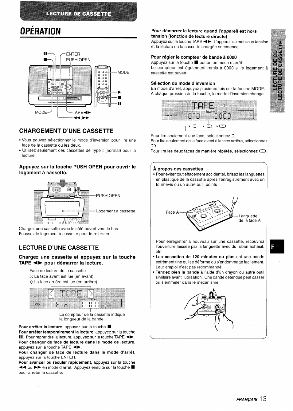 Chargement d’une cassette, Lecture d’une cassette, Tape | Operation | Aiwa CSD-MD50 User Manual | Page 77 / 100
