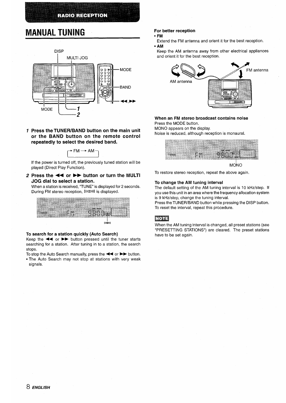 Manual tuning, To search for a station quickly (auto search), For better reception •fm | When an fm stereo broadcast contains noise, To change the am tuning interval | Aiwa CSD-MD50 User Manual | Page 8 / 100
